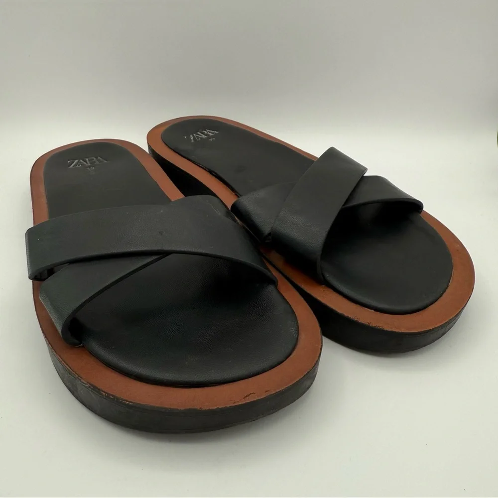 Women’s Zara Black Brown Minimal Flat Slip-On‎ Comfortable Strap Sandals Size 39